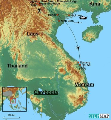 Kort over Vietnam, som fremhæver destinationerne på turen "Bjerge og strande i Vietnam".
