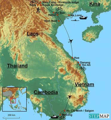 Kort over Vietnam, som fremhæver destinationerne på turen "Den store Vietnam-rundrejse".
