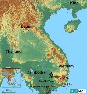 Kort over Vietnam, som fremhæver destinationerne på turen "Det bedste af Sydvietnam".