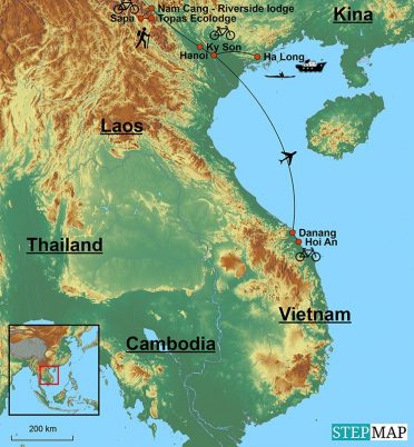 Kort over Vietnam, som fremhæver destinationerne på turen "Familieferie i Vietnam".
