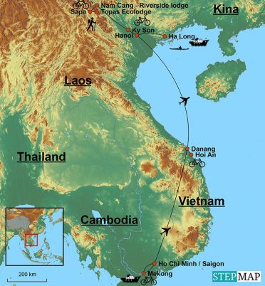 Kort over Vietnam, som fremhæver destinationerne på turen "Højdepunkter i Vietnam".