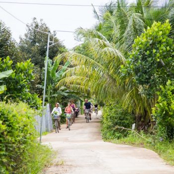 Tourists biking through beautiful surroundings in mekong