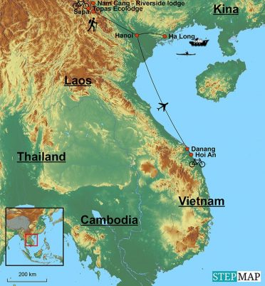 Kort over Vietnam, som fremhæver destinationerne på turen "Smagen af Vietnam".